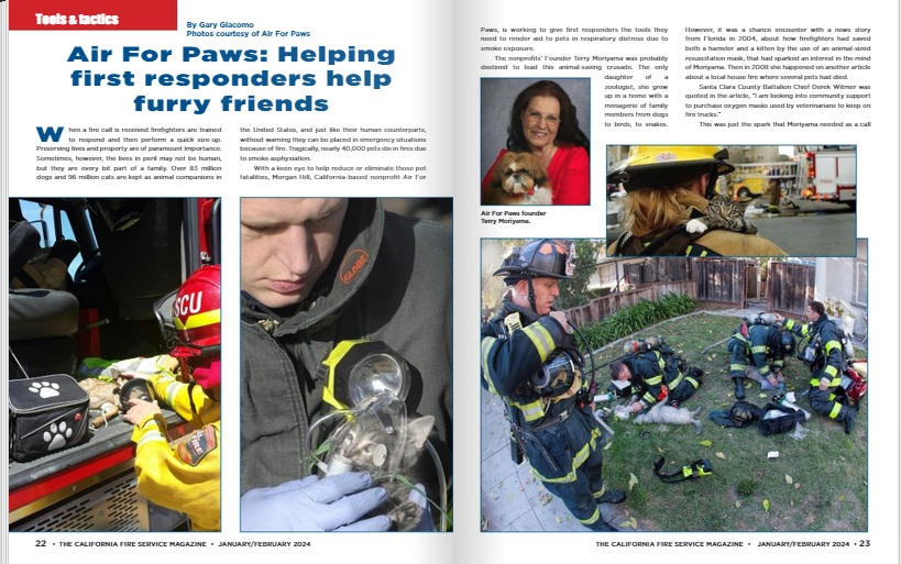 Image of the magazine spread showing images of Air for Paws Equipment and Terry Moriyama